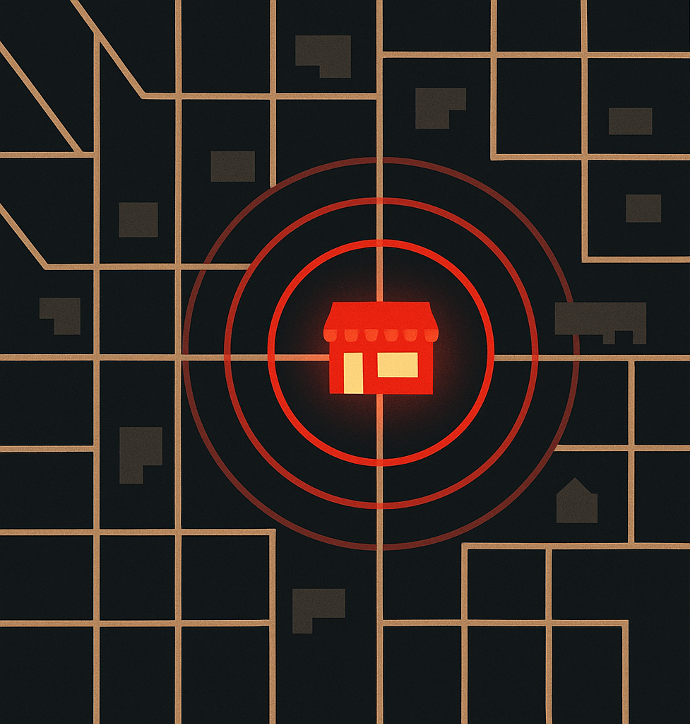 Illustration of a local storefront broadcasting a visibility signal across a city map