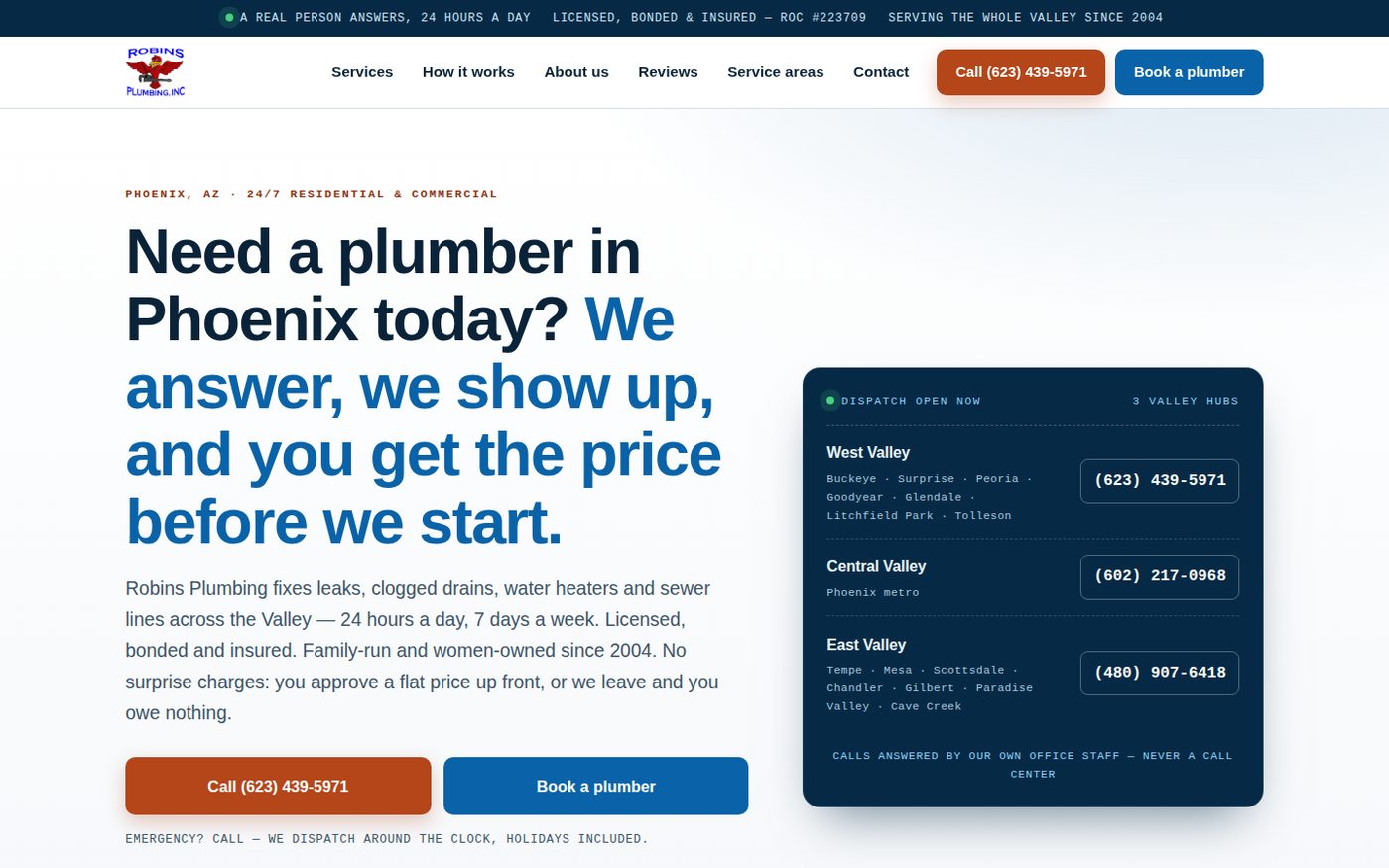 Robins Plumbing redesigned homepage